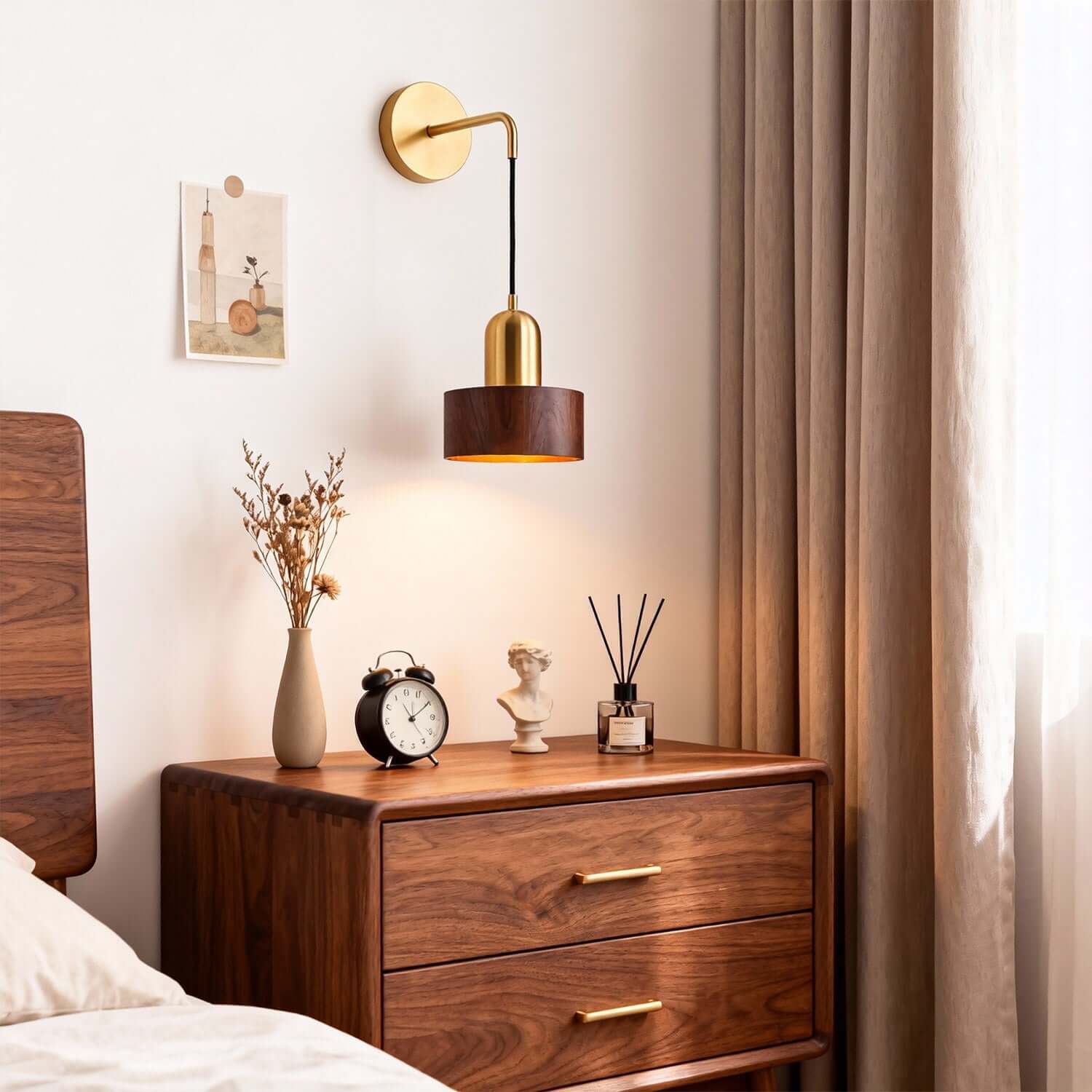 Kalvio Wood & Brass Wall Light | Japandi Bedroom Corner Sconce