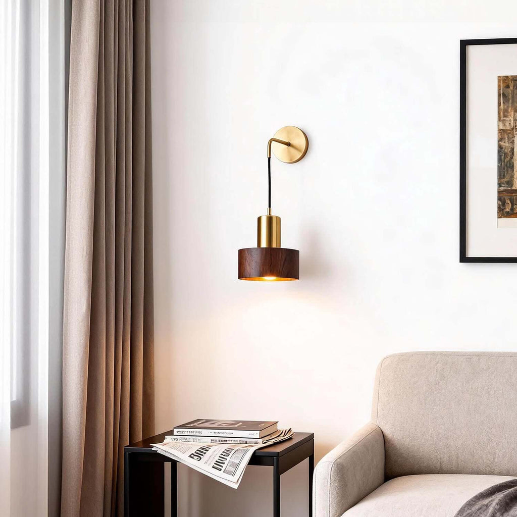 Kalvio Wood & Brass Wall Light | Japandi Bedroom Corner Sconce