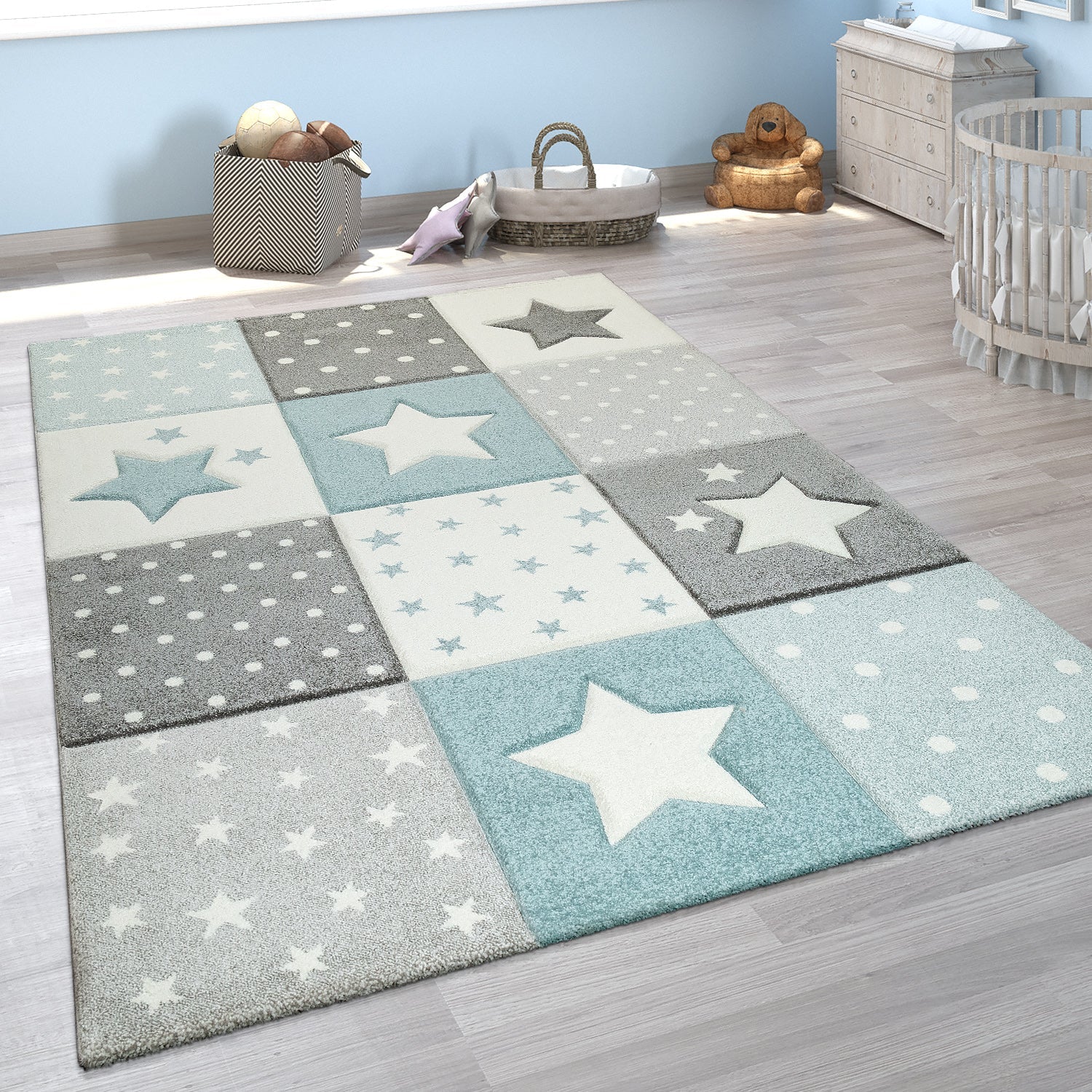 Cosmo Kids Rug | Pastel Blue Star Checkered Design