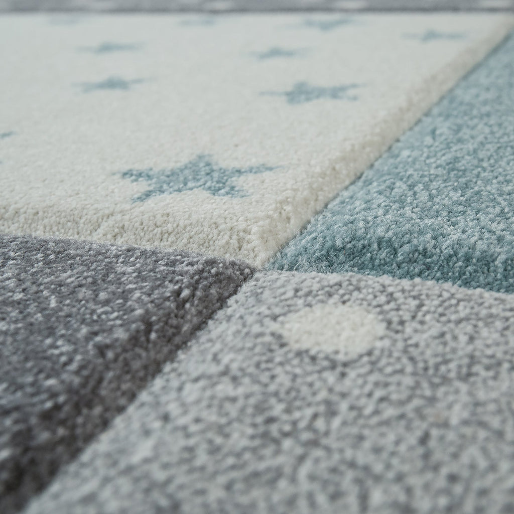 Cosmo Kids Rug | Pastel Blue Star Checkered Design