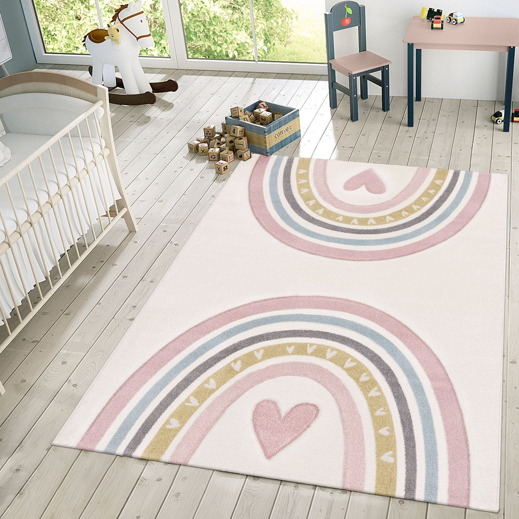 Cosmo Kids Rug | Rainbow & Hearts Cream Design