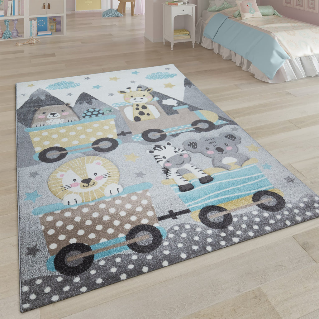 Elaya Kids Rug | Cute Animals on a Train Pastel Grey Design