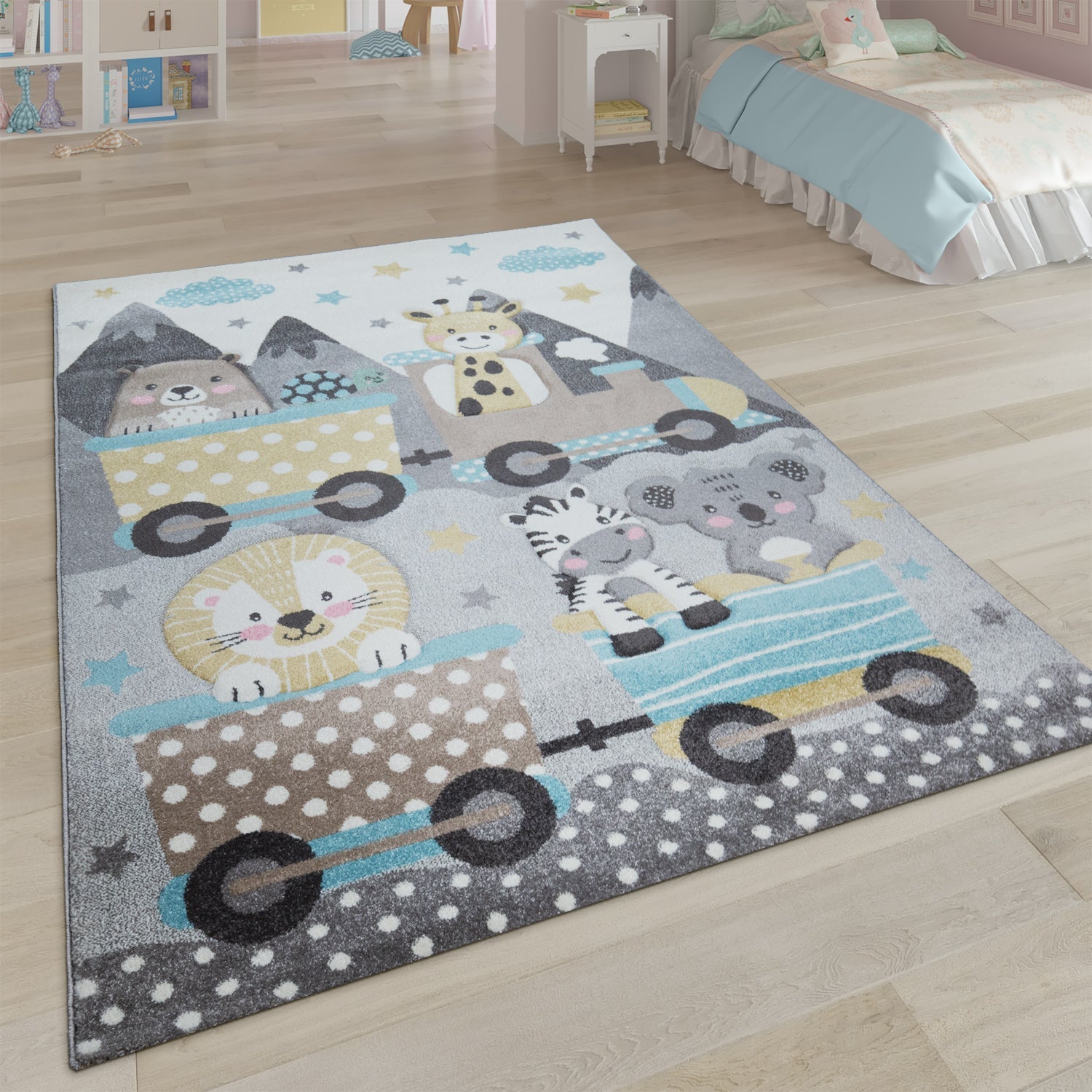 Elaya Kids Rug | Cute Animals on a Train Pastel Grey Design