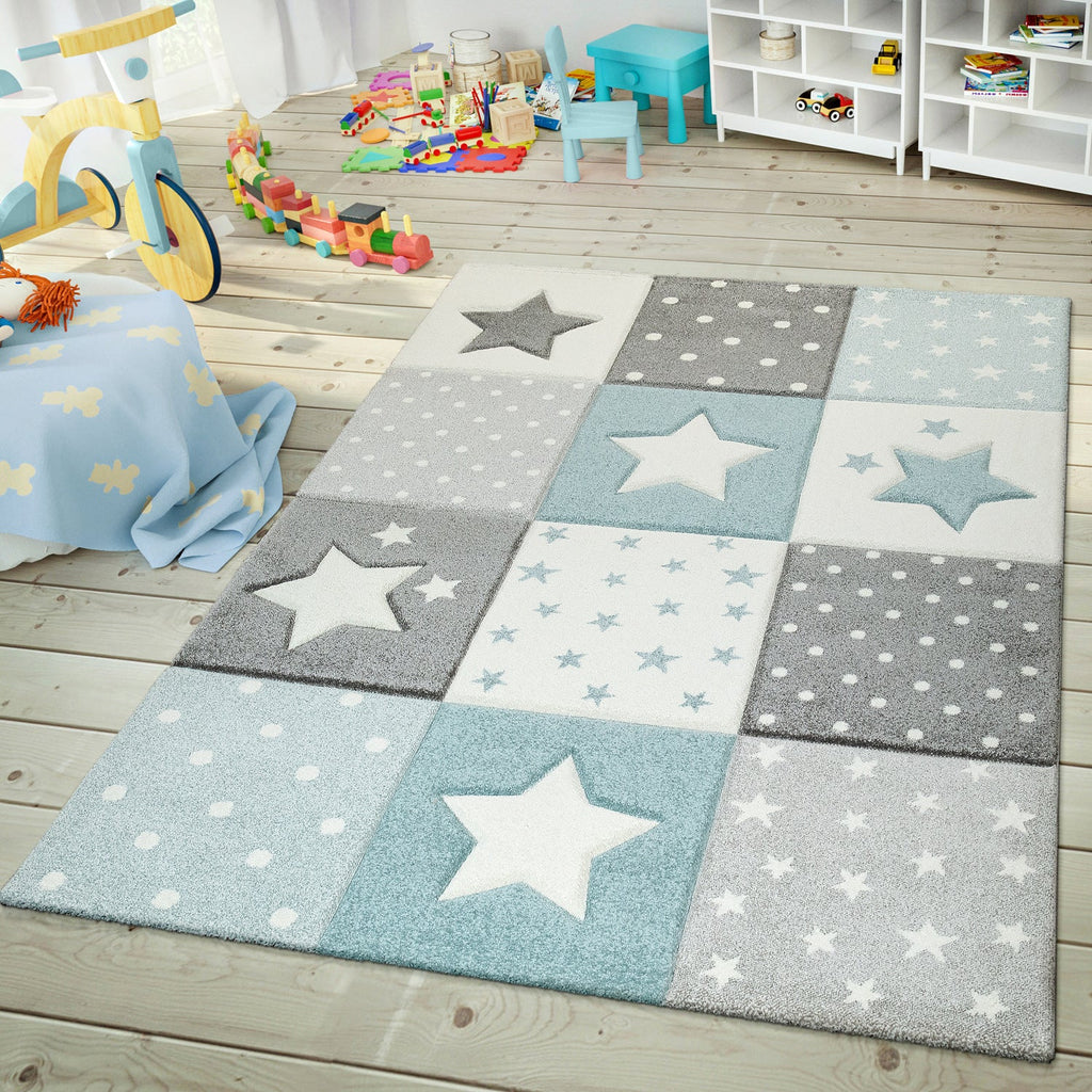 Cosmo Kids Rug | Pastel Blue Star Checkered Design