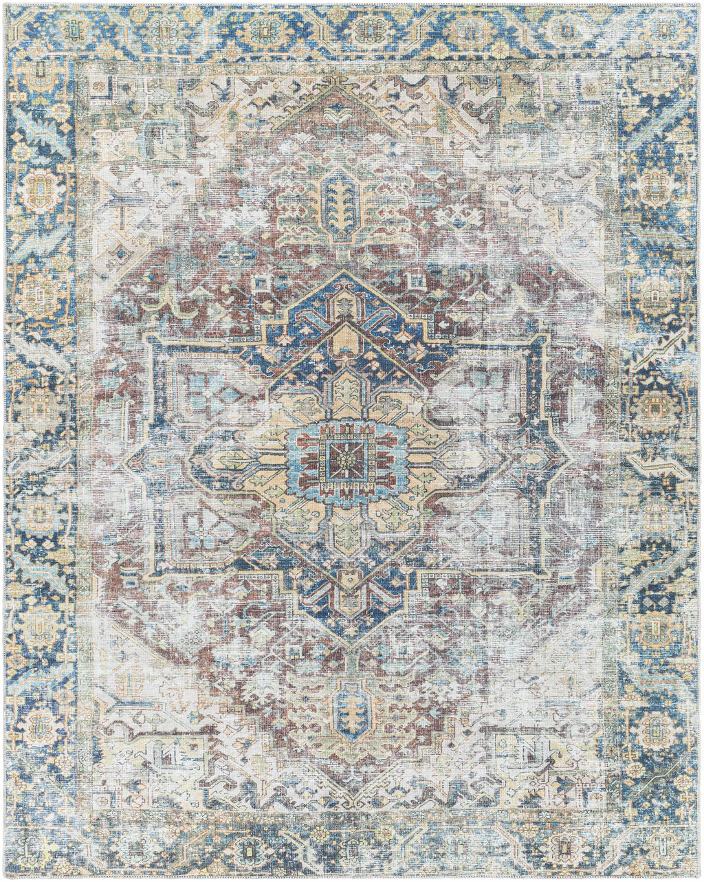 Catigpian Blue Distressed Washable Area Rug | Vintage Medallion Design – Hauteloom