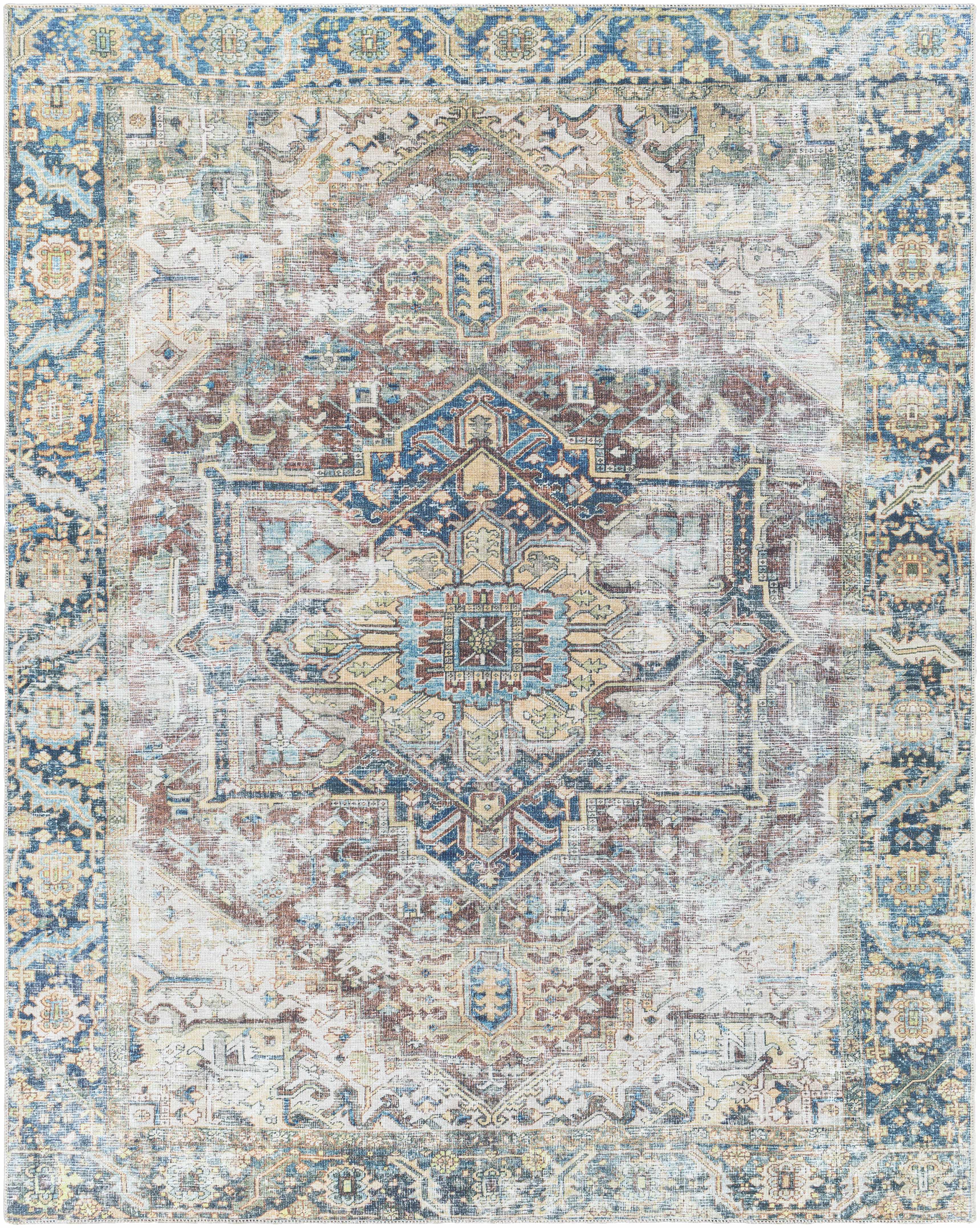 Catigpian Blue Distressed Washable Area Rug | Vintage Medallion Design – Hauteloom