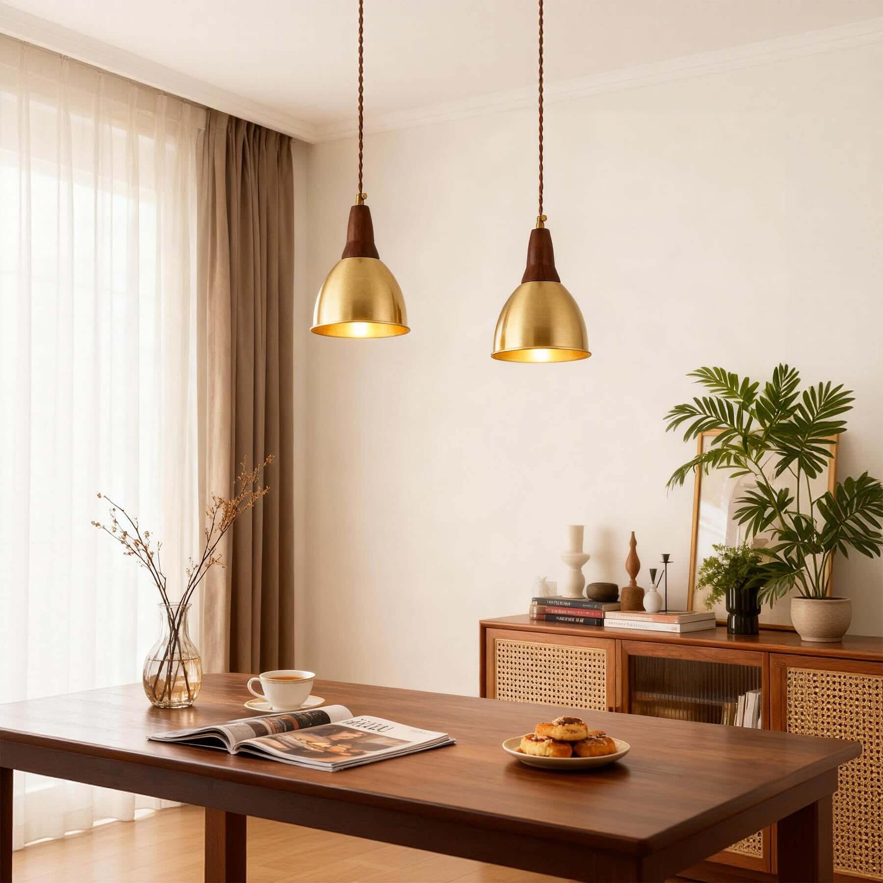 Lavino Brass & Wood Pendant Lamp | Mid-Century Island Hanging Light