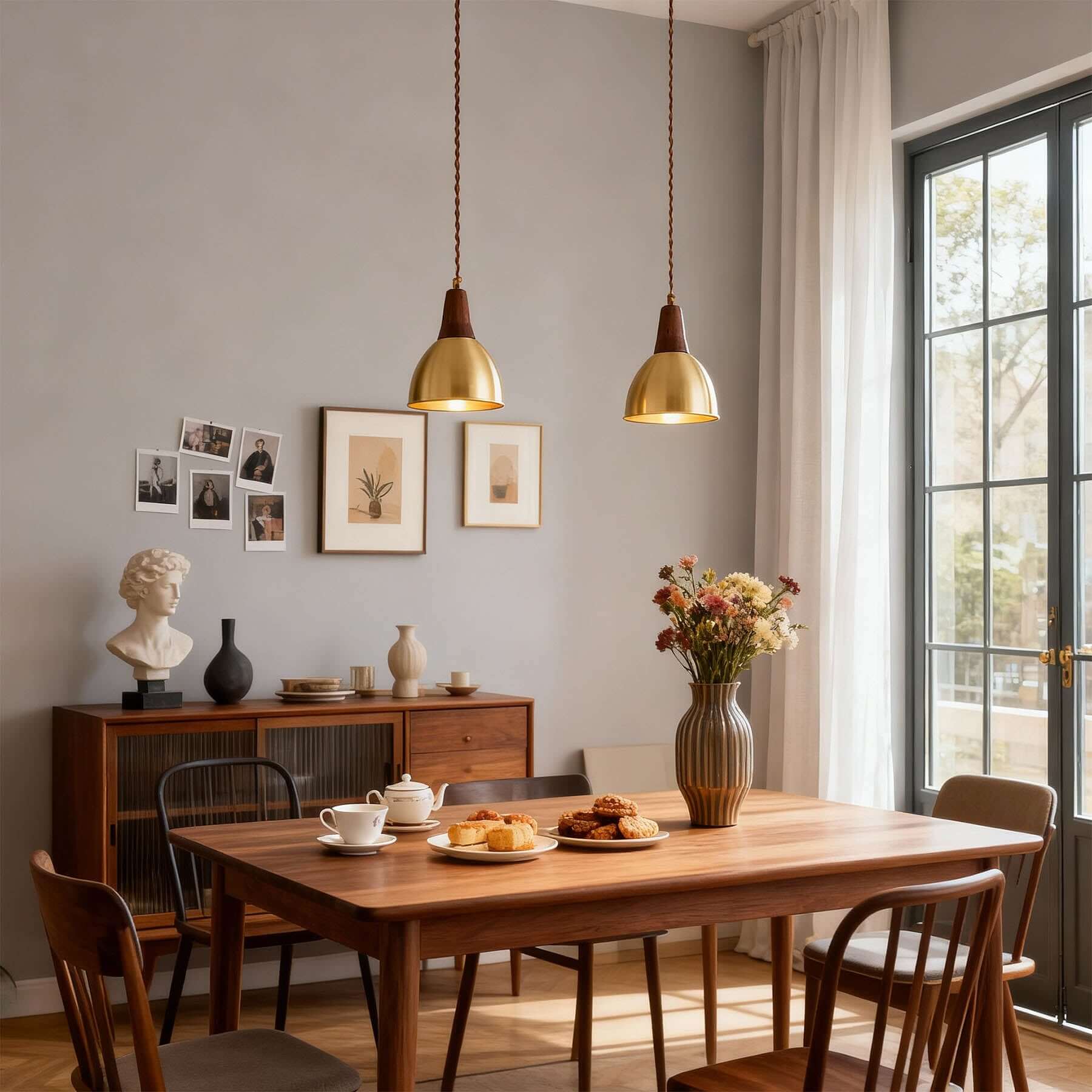 Lavino Brass & Wood Pendant Lamp | Mid-Century Island Hanging Light