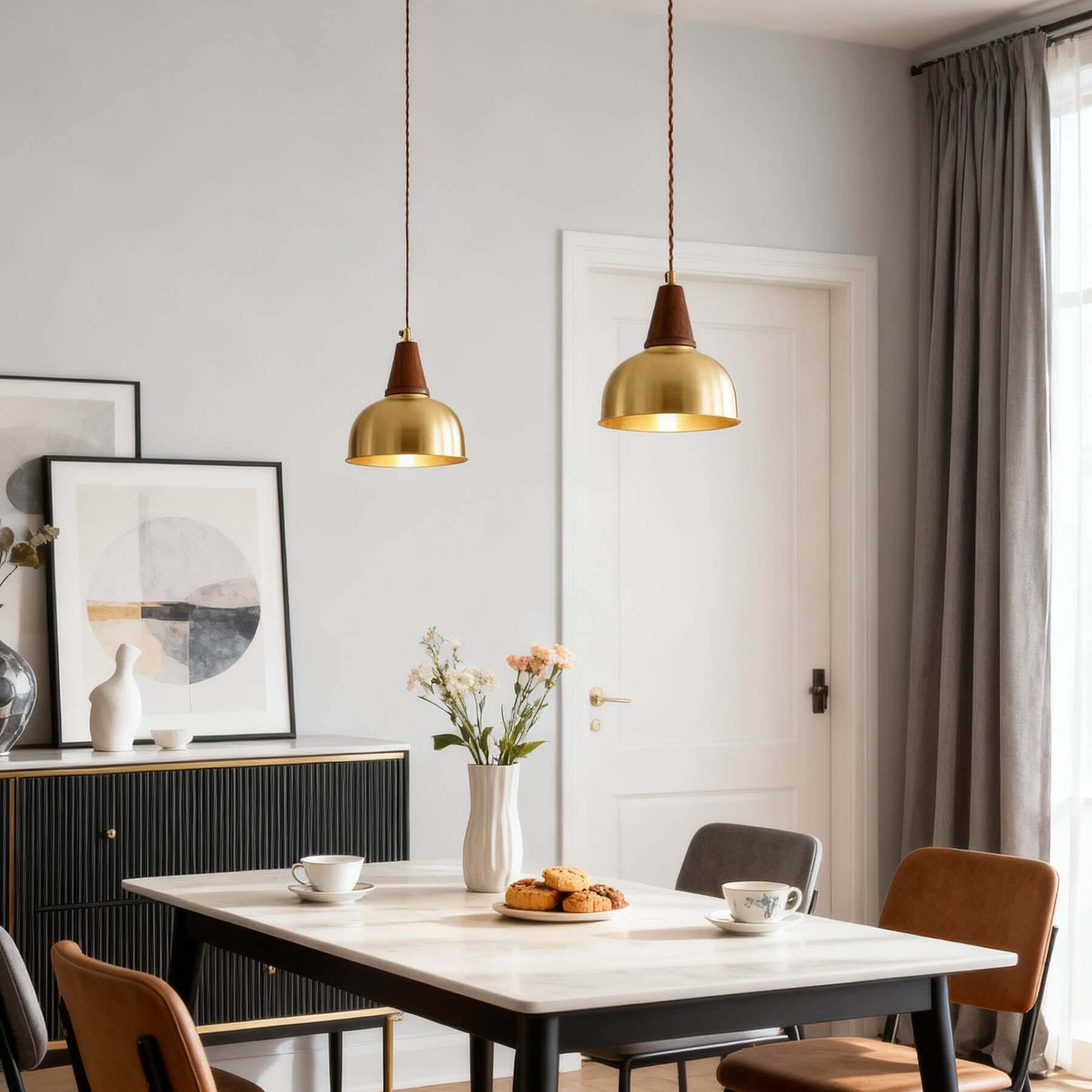 Lavino Brass & Wood Pendant Lamp | Mid-Century Island Hanging Light