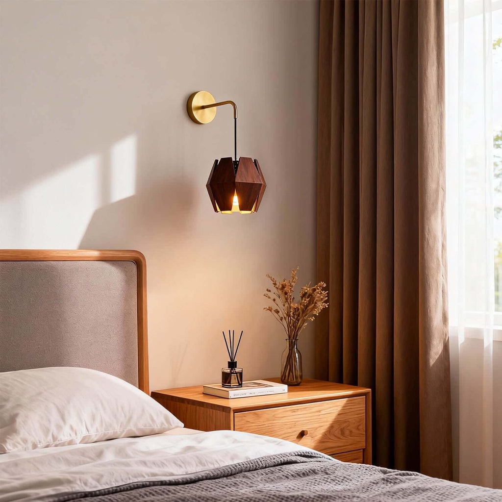 Lunexi Wood & Brass Wall Light | Small Bedside Corner Sconce