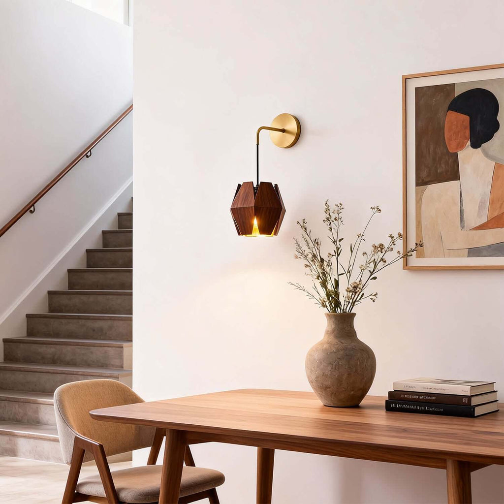 Lunexi Wood & Brass Wall Light | Small Bedside Corner Sconce