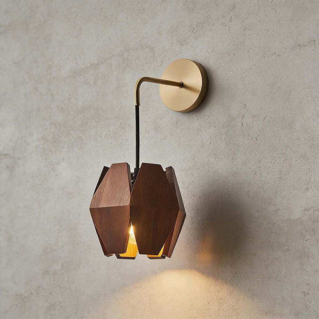 Lunexi Wood & Brass Wall Light | Small Bedside Corner Sconce