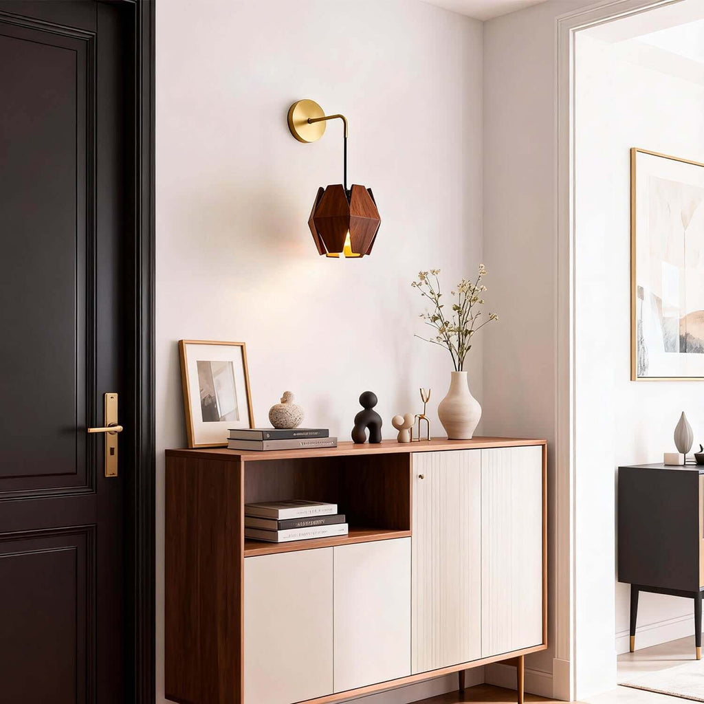 Lunexi Wood & Brass Wall Light | Small Bedside Corner Sconce