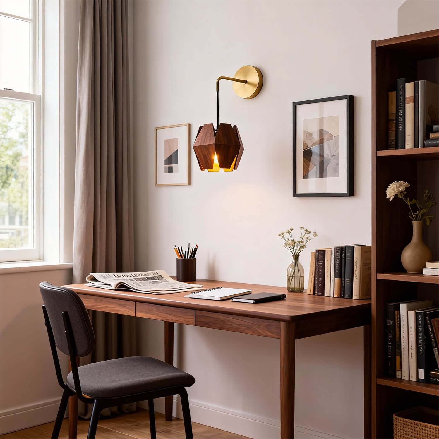 Lunexi Wood & Brass Wall Light | Small Bedside Corner Sconce