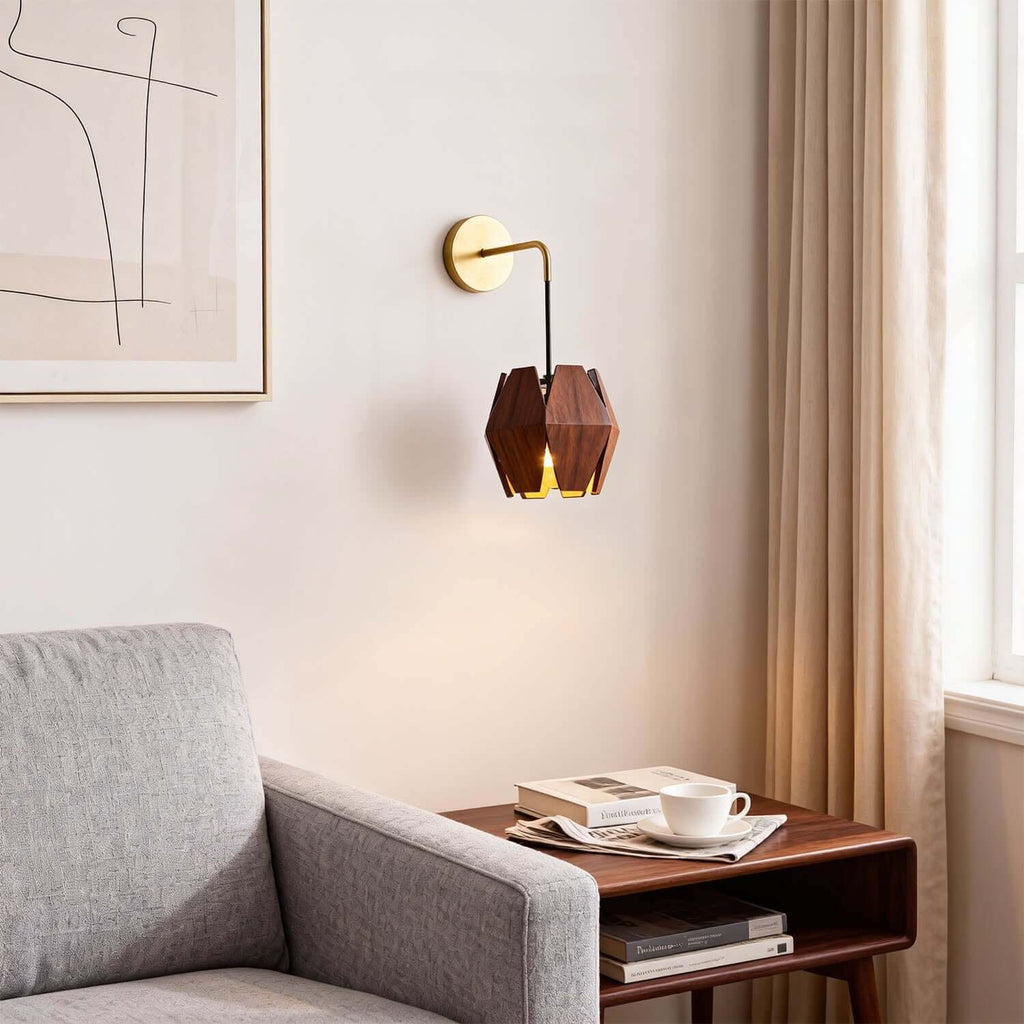 Lunexi Wood & Brass Wall Light | Small Bedside Corner Sconce