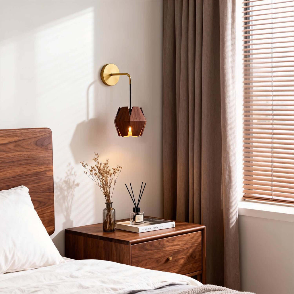 Lunexi Wood & Brass Wall Light | Small Bedside Corner Sconce