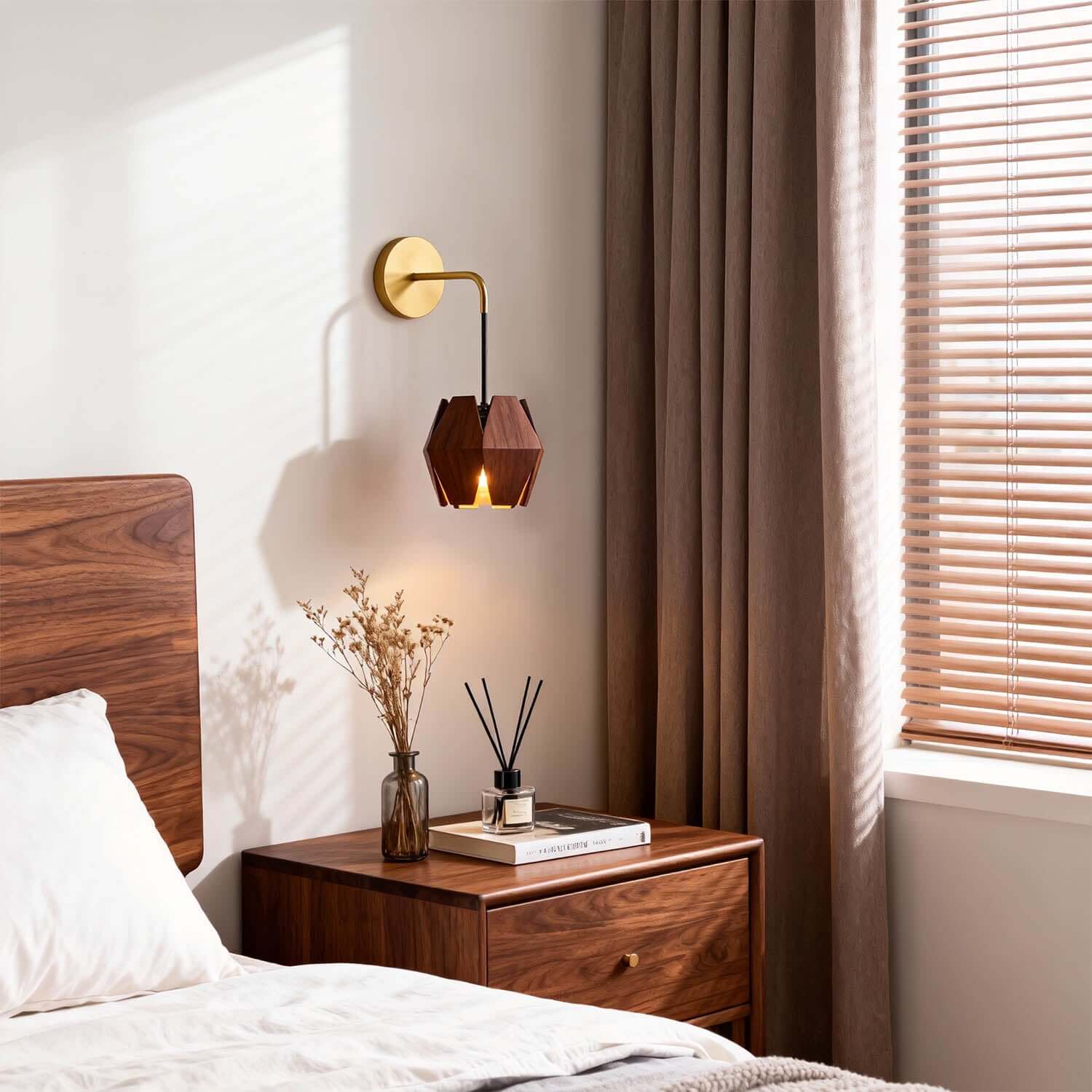 Lunexi Wood & Brass Wall Light | Small Bedside Corner Sconce