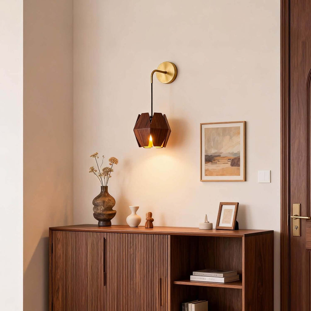 Lunexi Wood & Brass Wall Light | Small Bedside Corner Sconce