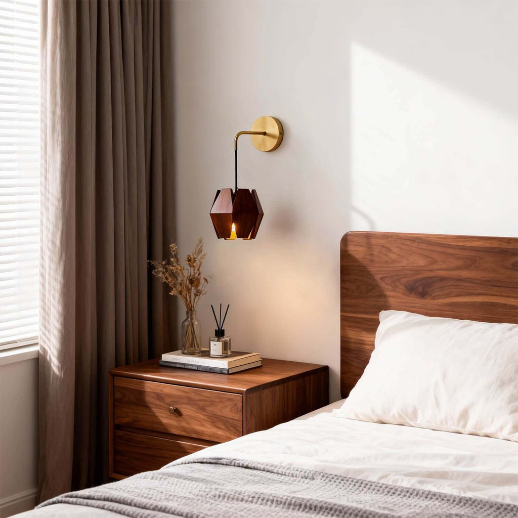 Lunexi Wood & Brass Wall Light | Small Bedside Corner Sconce