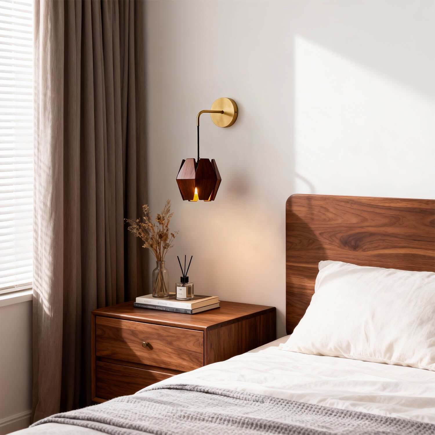 Lunexi Wood & Brass Wall Light | Small Bedside Corner Sconce