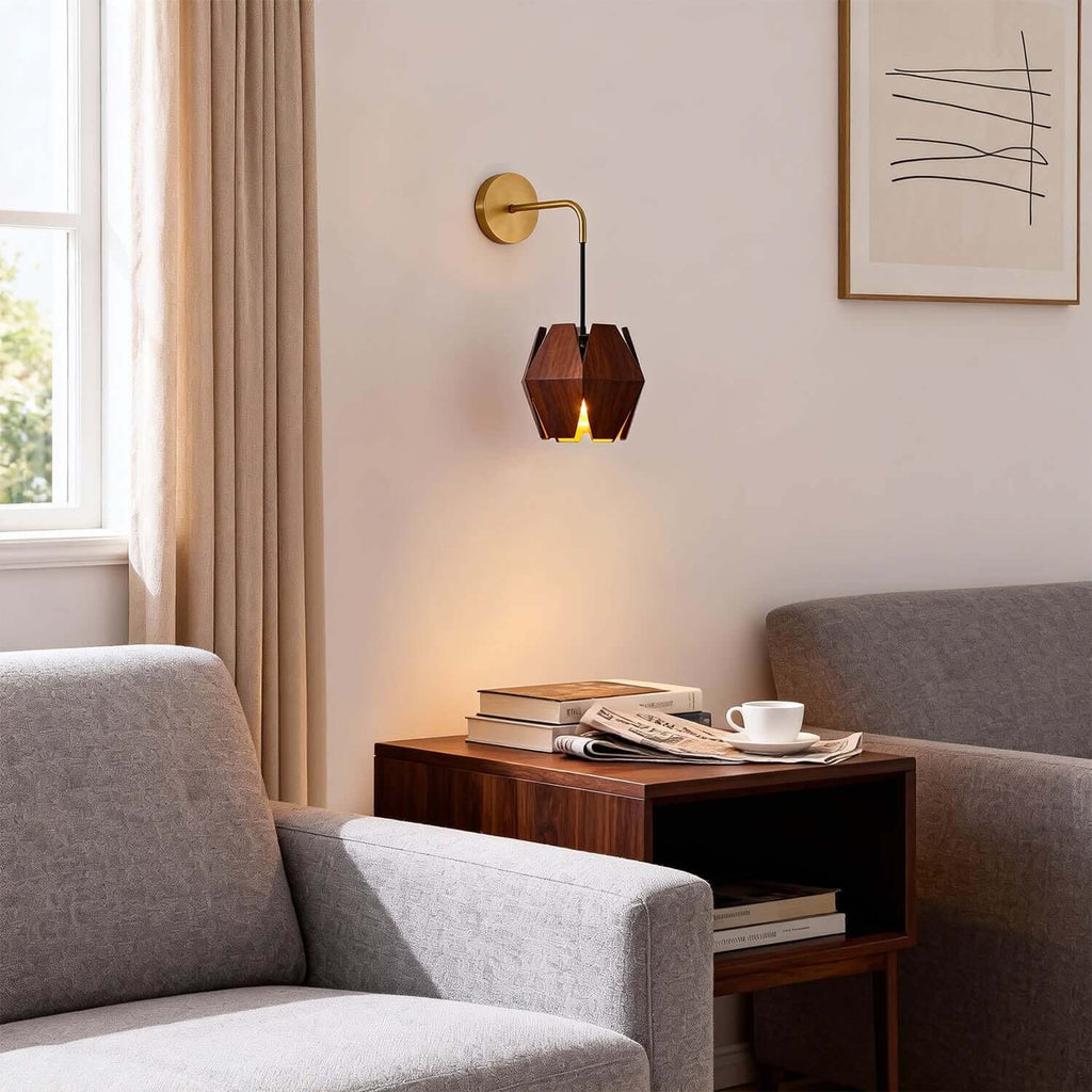 Lunexi Wood & Brass Wall Light | Small Bedside Corner Sconce