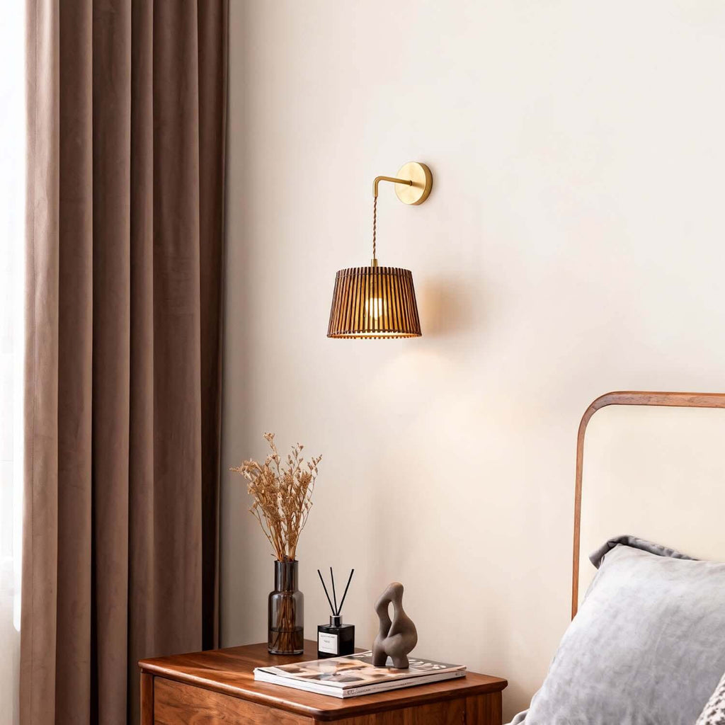 Lurevo Wood & Brass Wall Light | Vintage Round Bedroom Sconce