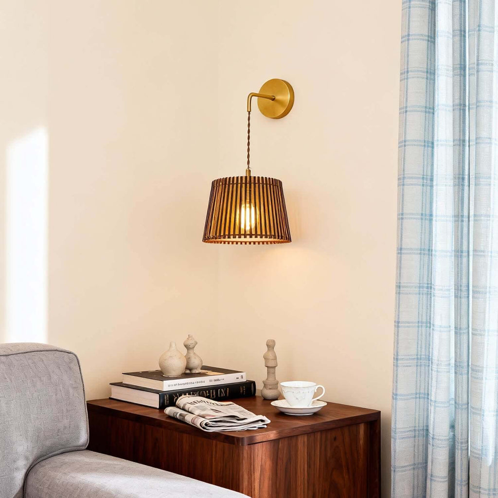 Lurevo Wood & Brass Wall Light | Vintage Round Bedroom Sconce