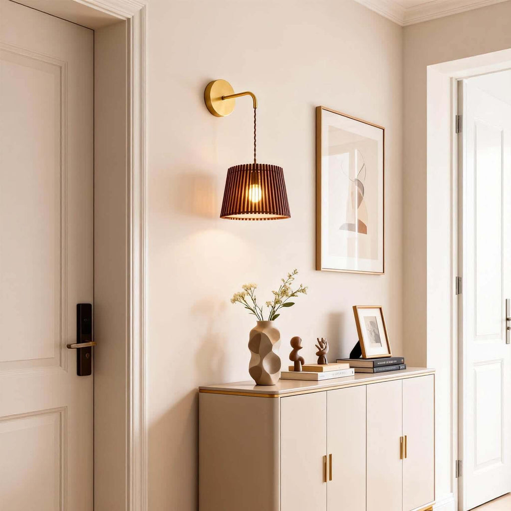 Lurevo Wood & Brass Wall Light | Vintage Round Bedroom Sconce