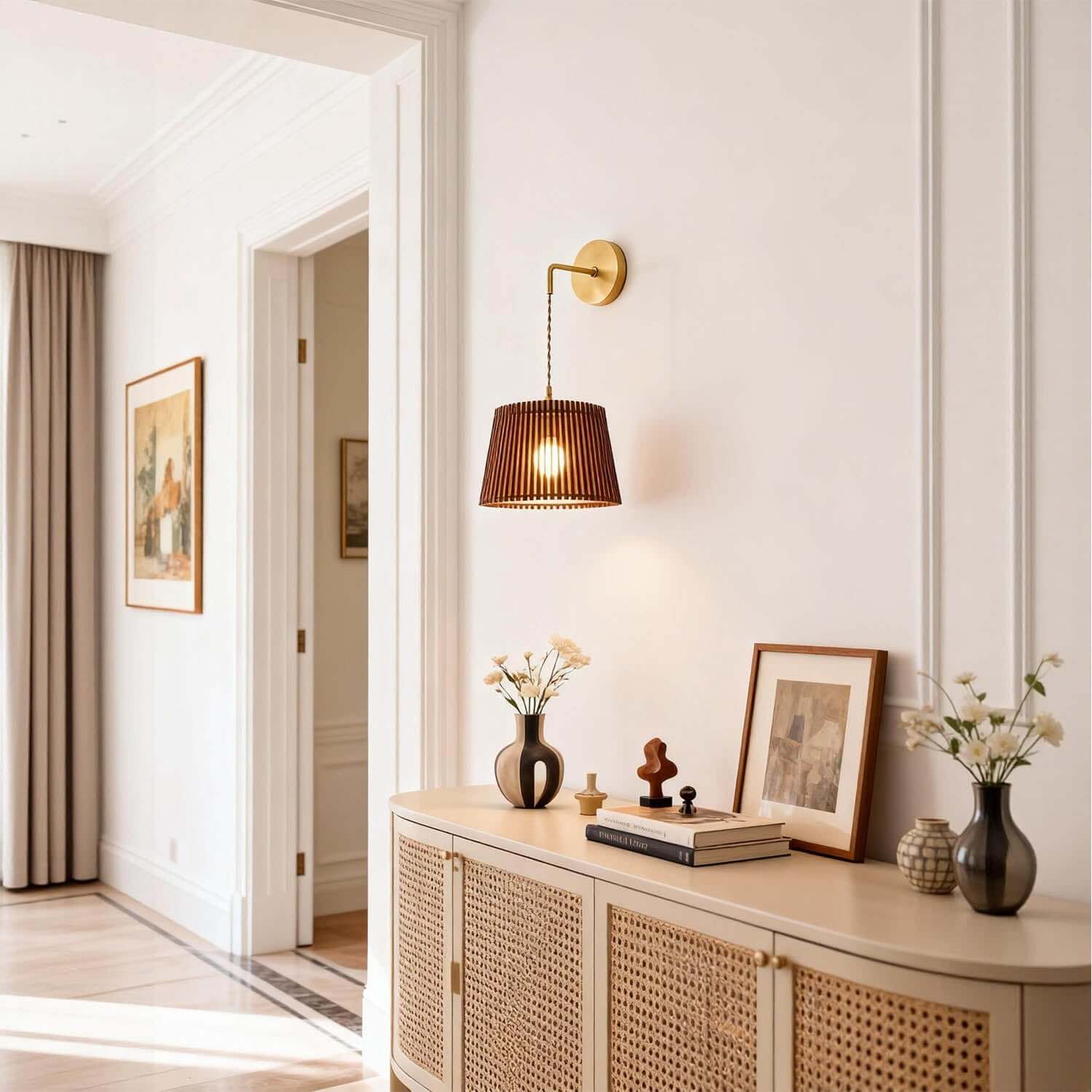 Lurevo Wood & Brass Wall Light | Vintage Round Bedroom Sconce