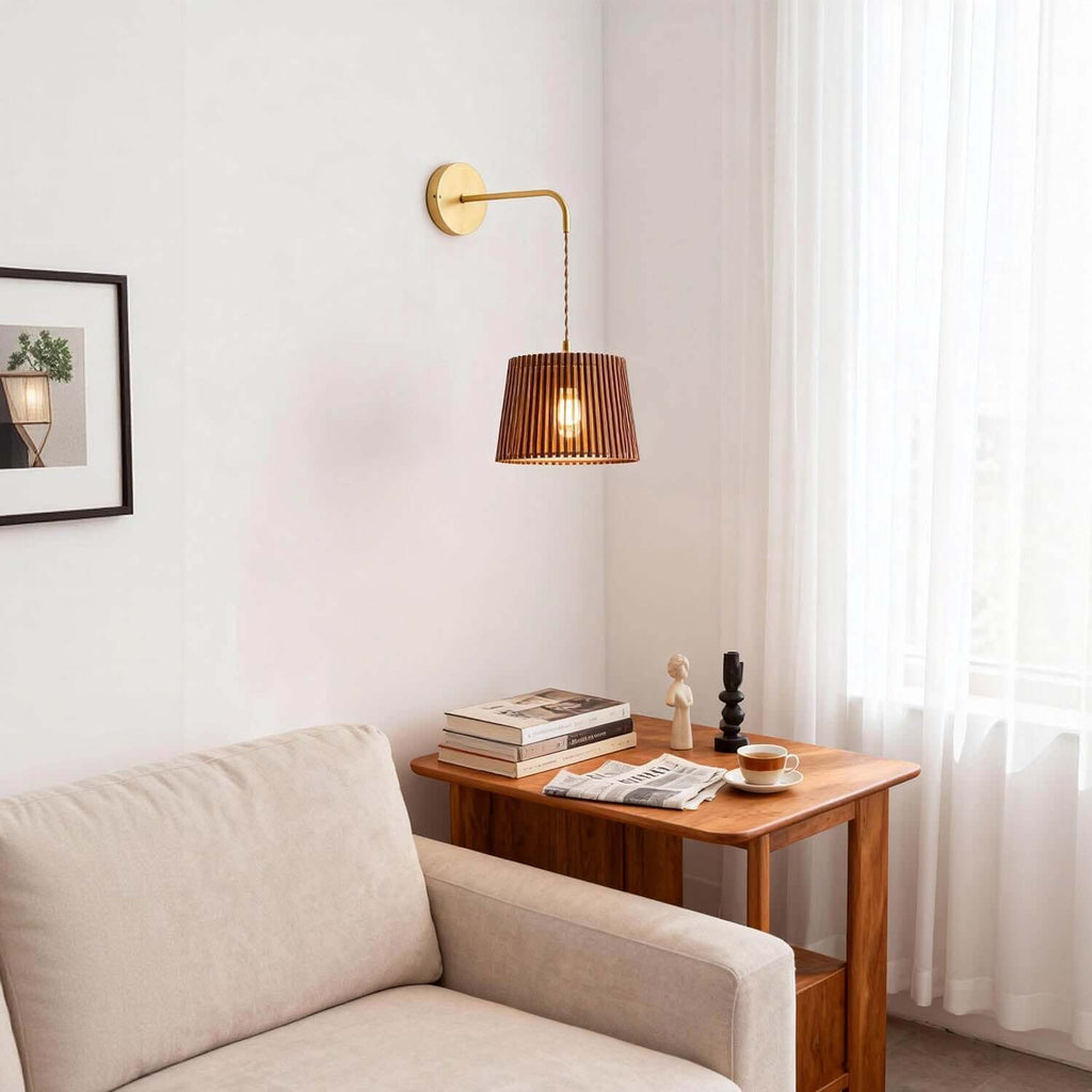 Lurevo Wood & Brass Wall Light | Vintage Round Bedroom Sconce