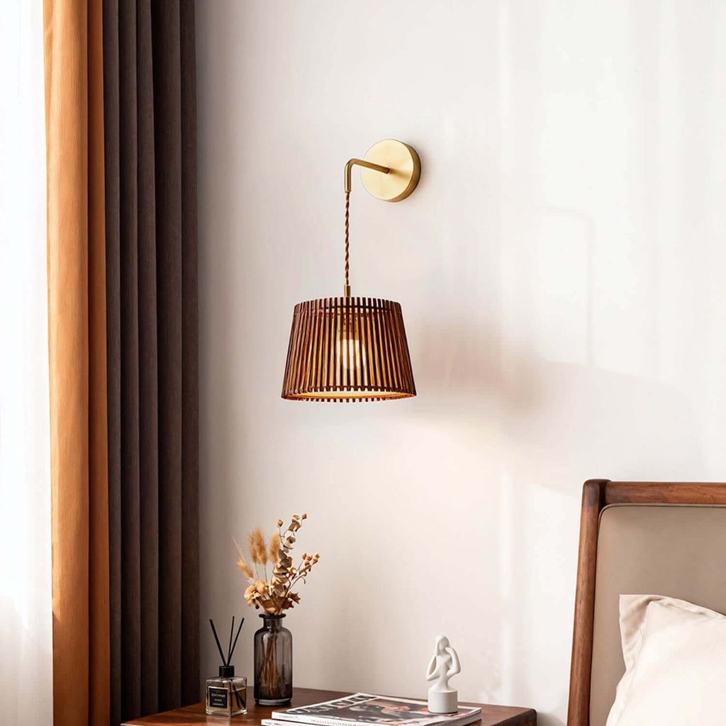 Lurevo Wood & Brass Wall Light | Vintage Round Bedroom Sconce