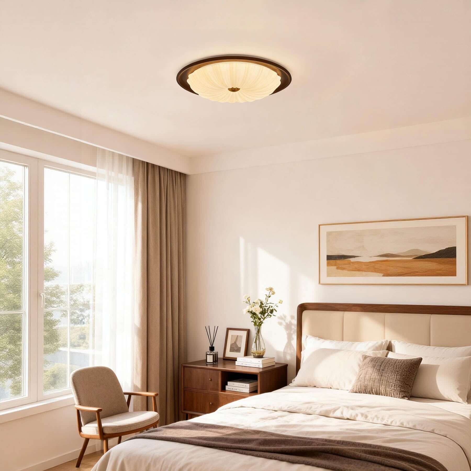 Minora Round Ceiling Lamp | Acrylic & Wood Flush Mount 3-Size Design