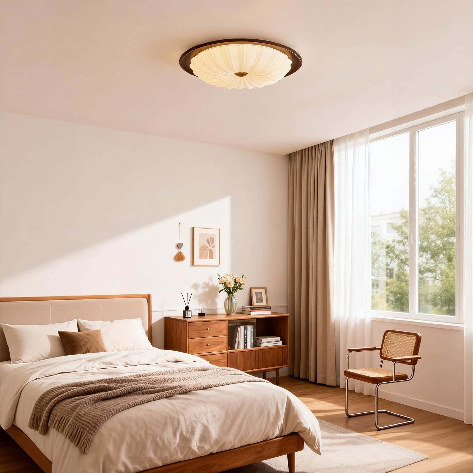 Minora Round Ceiling Lamp | Acrylic & Wood Flush Mount 3-Size Design