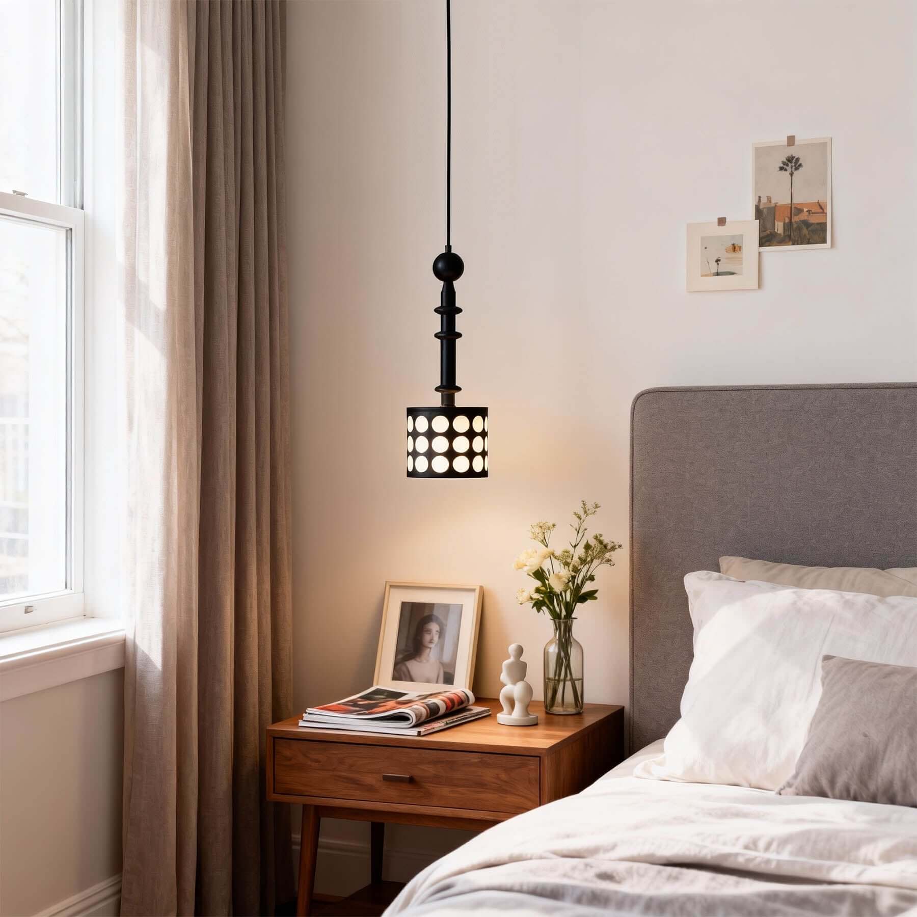 Navira Wood Pendant Light | Tall Slender Bedside Hanging Lamp