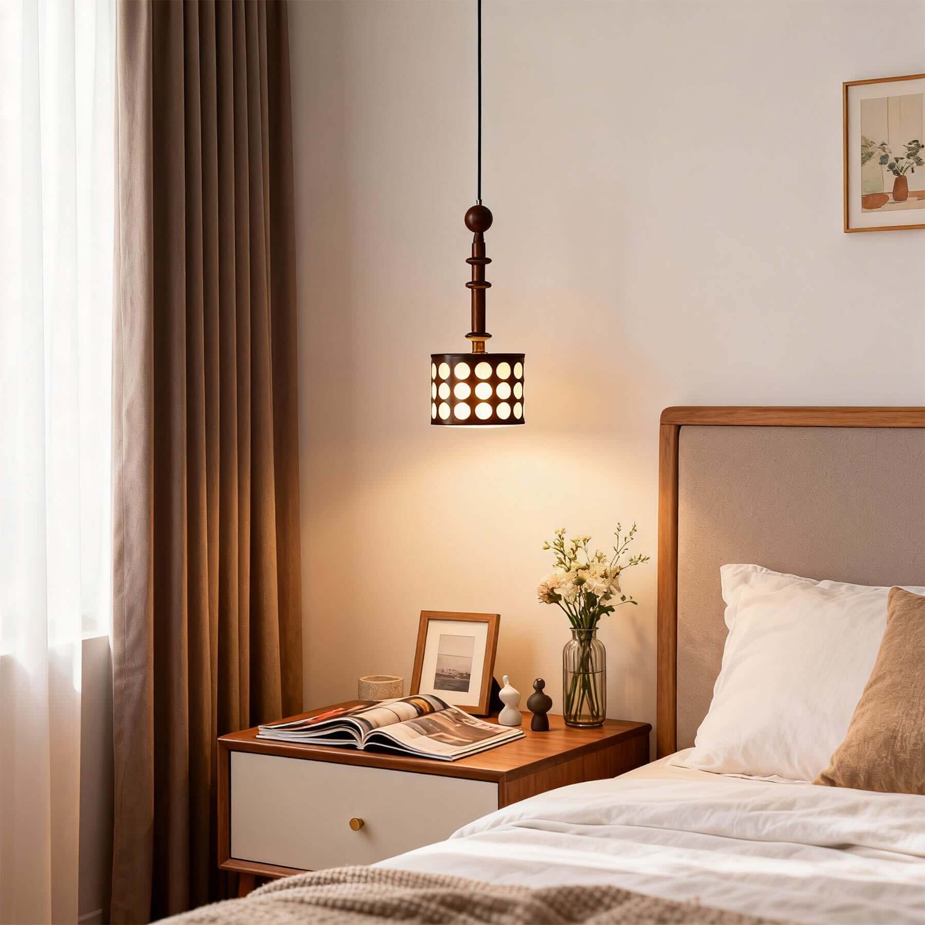 Navira Wood Pendant Light | Tall Slender Bedside Hanging Lamp