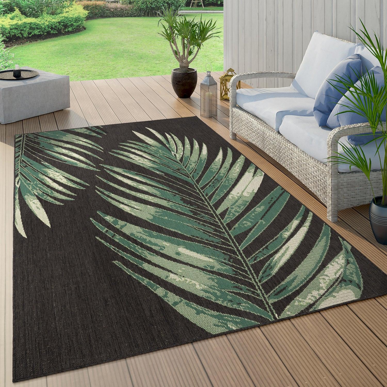 Ostende Palm Leaf Outdoor Rug | Waterproof Black & Green Design