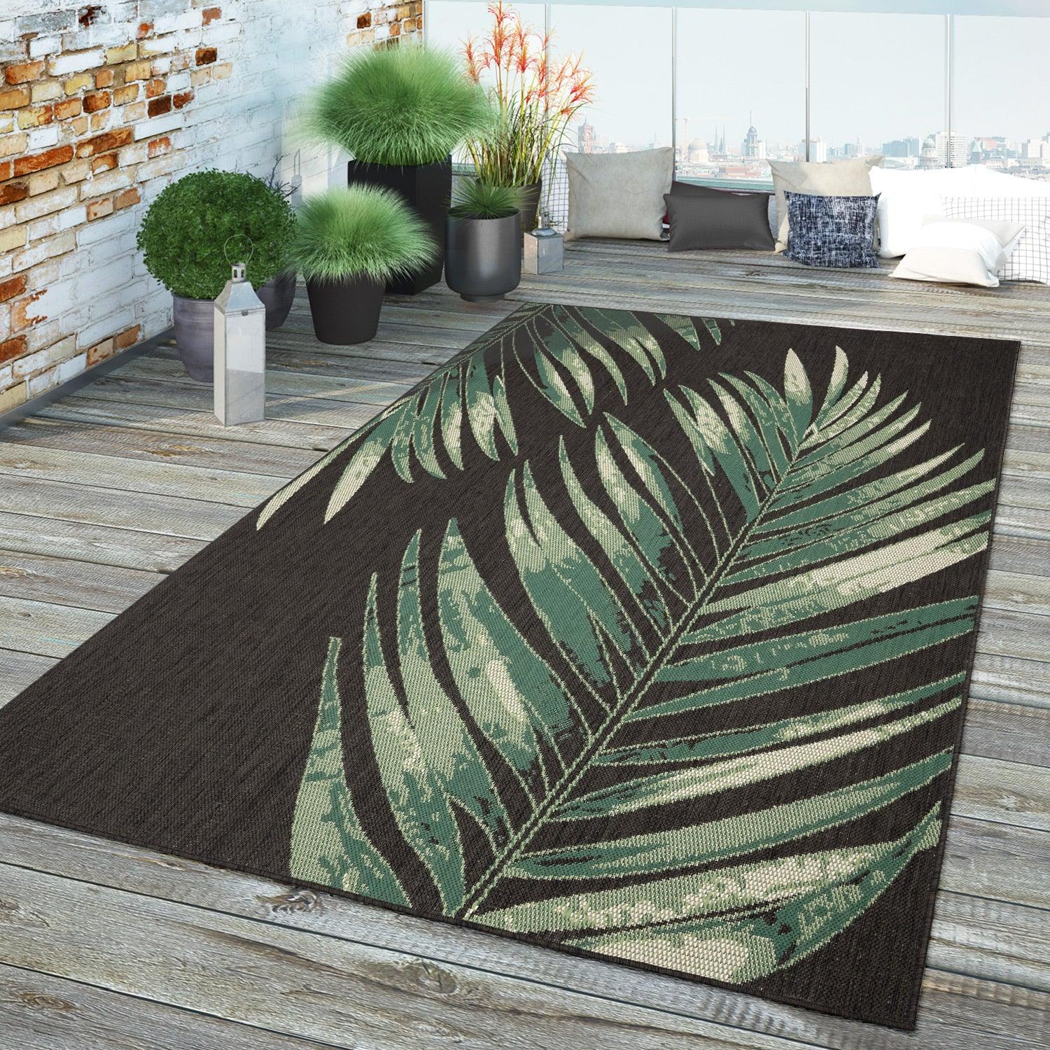 Ostende Palm Leaf Outdoor Rug | Waterproof Black & Green Design
