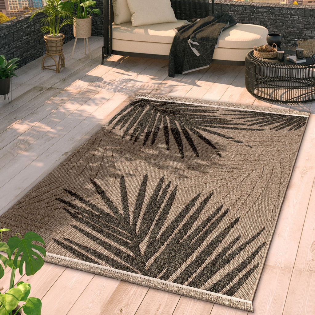 Outdoor Rug Cologne with Modern Leaf Design in Beige
