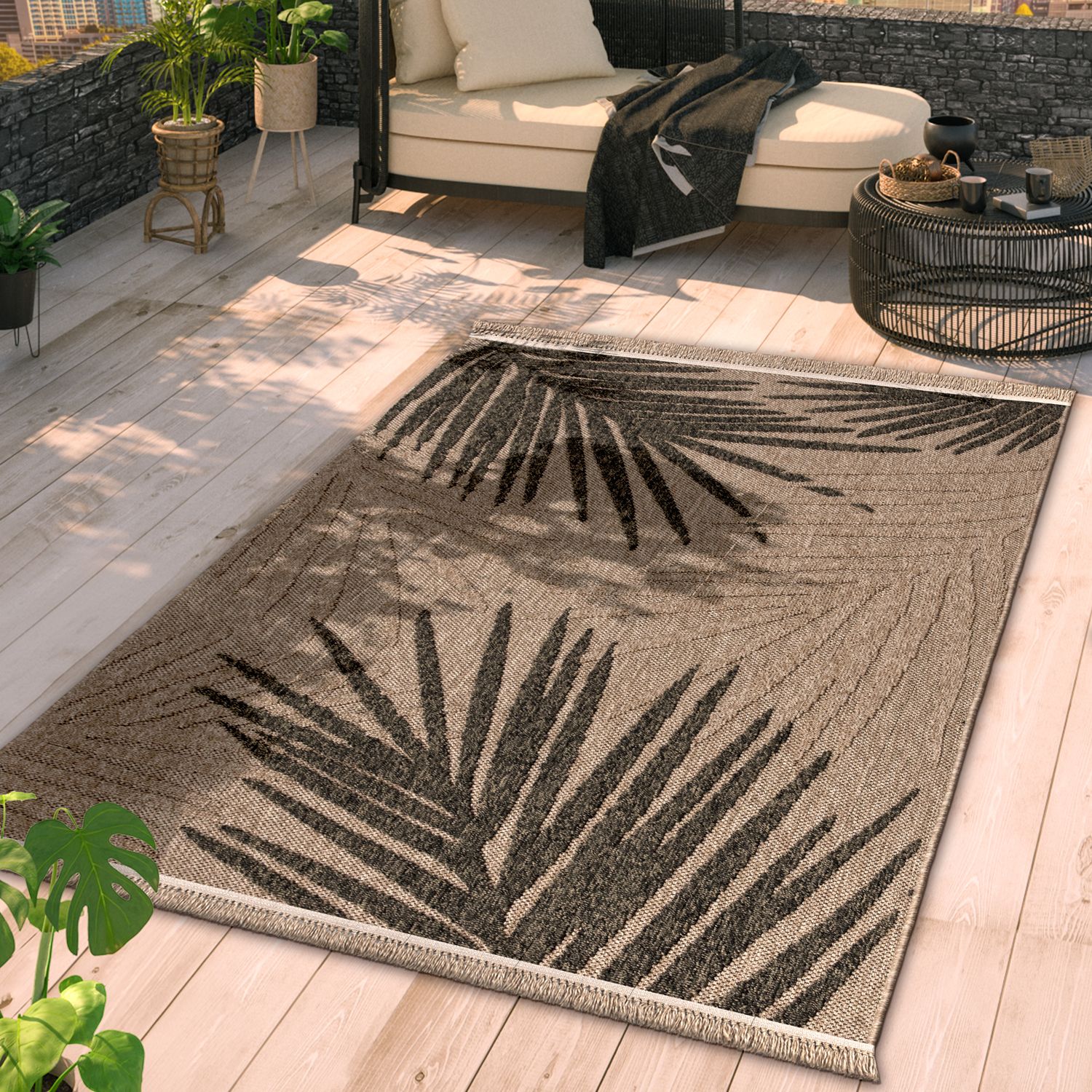 Outdoor Rug Cologne with Modern Leaf Design in Beige