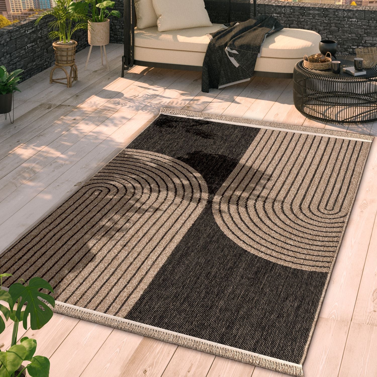 Outdoor Rug Cologne with Modern Lines Design in Beige Black
