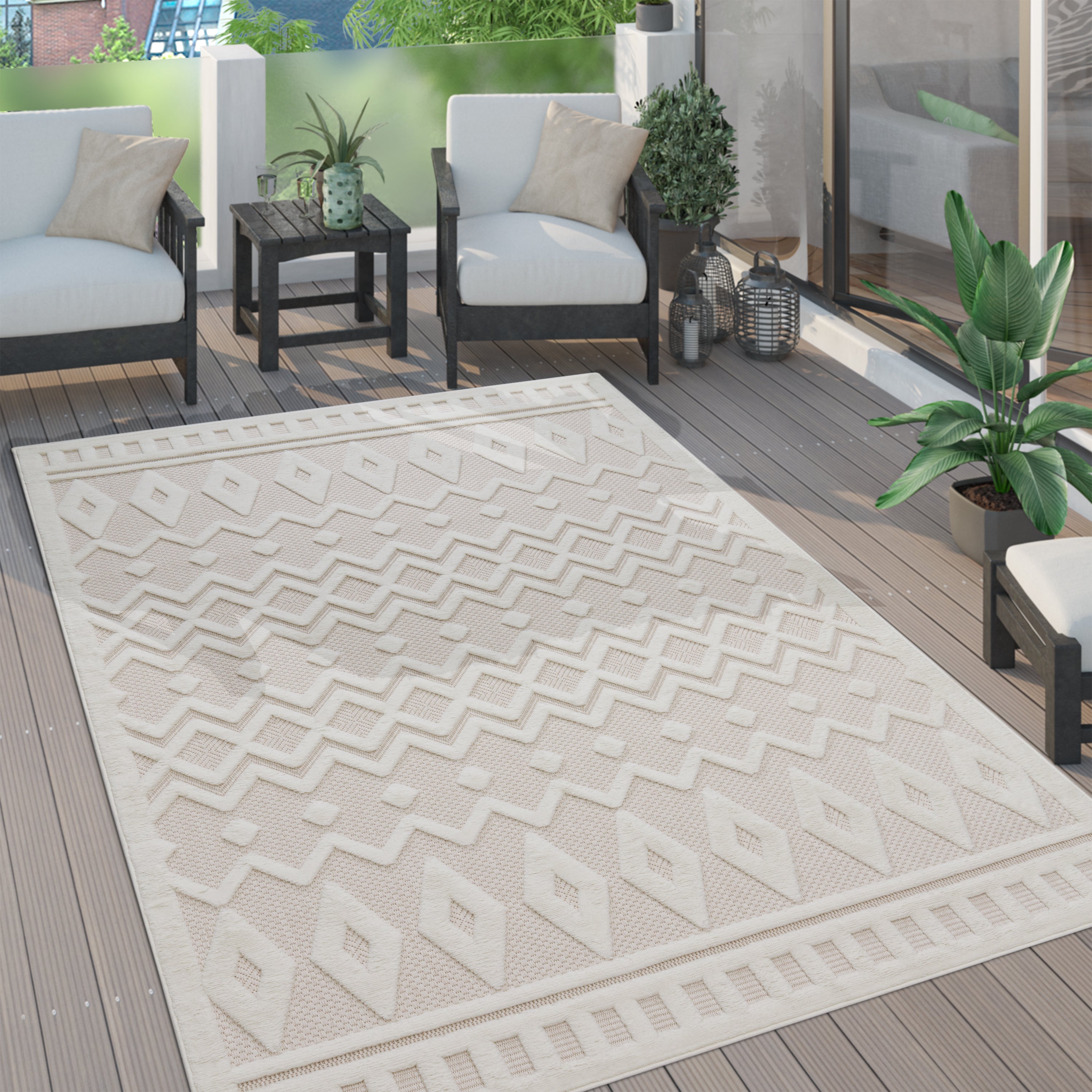 Outdoor Rug Livorno Geometric Trellis Pattern In Cream