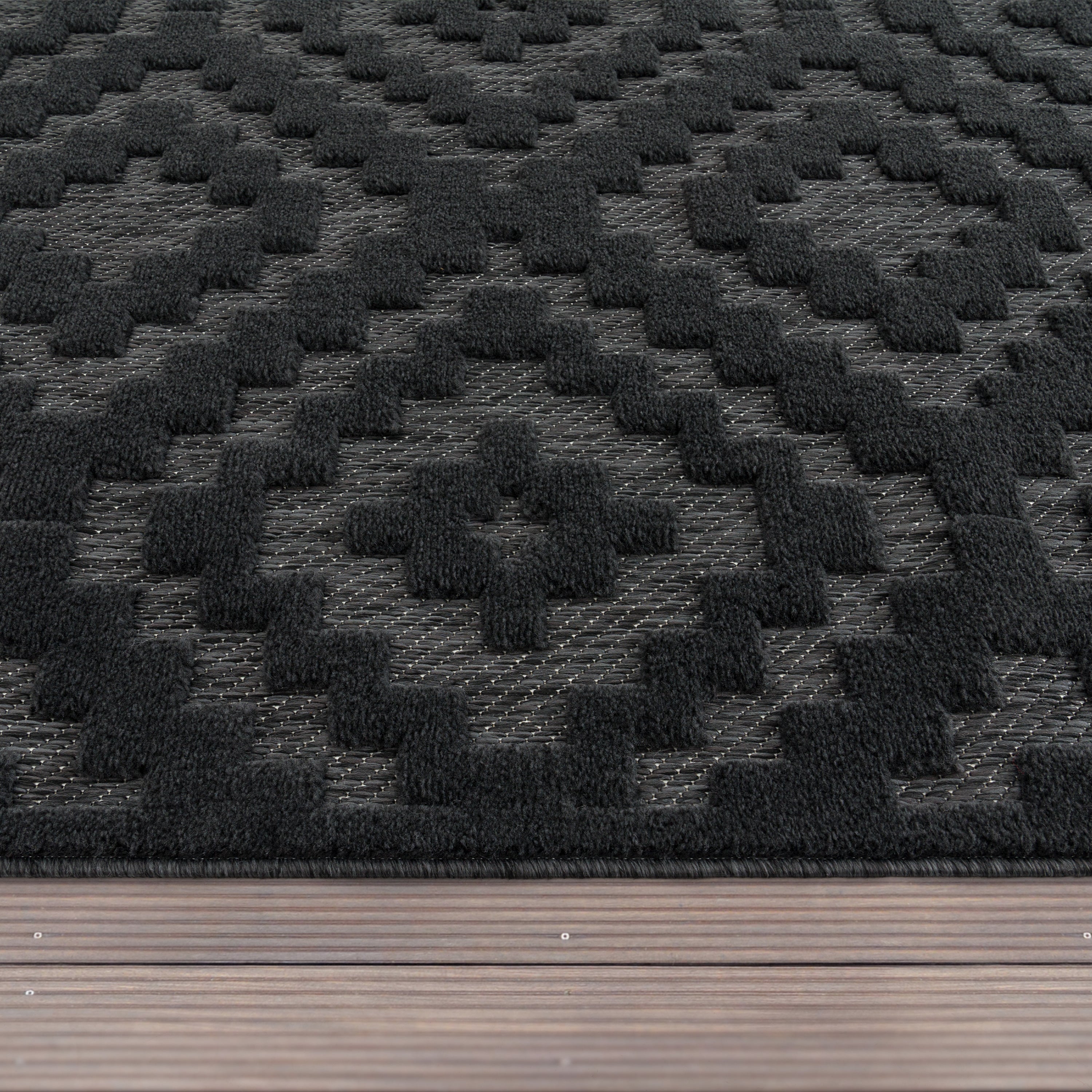 Outdoor Rug Livorno Trellis High-Low Pattern In Anthracite