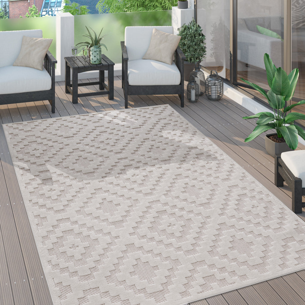 Outdoor Rug Livorno Trellis High-Low Pattern In Cream