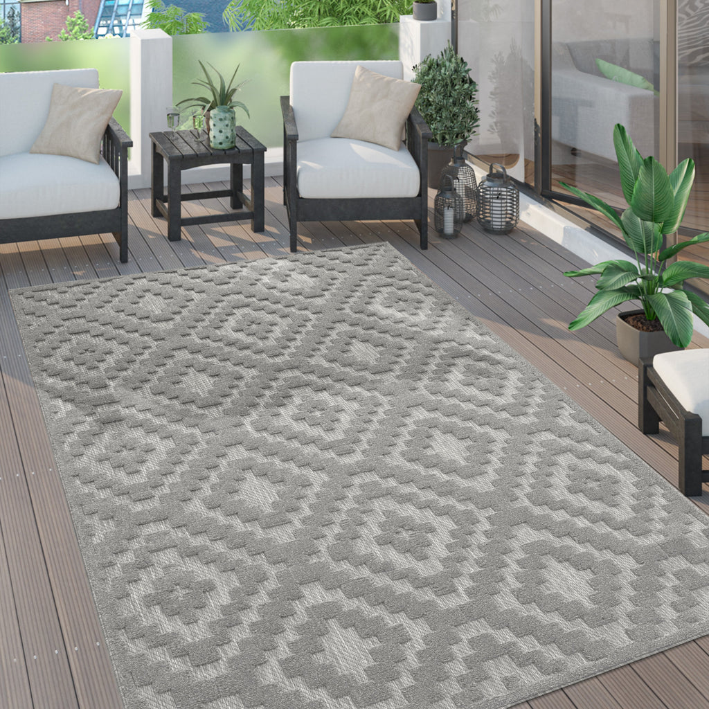 Outdoor Rug Livorno Trellis High-Low Pattern In Grey