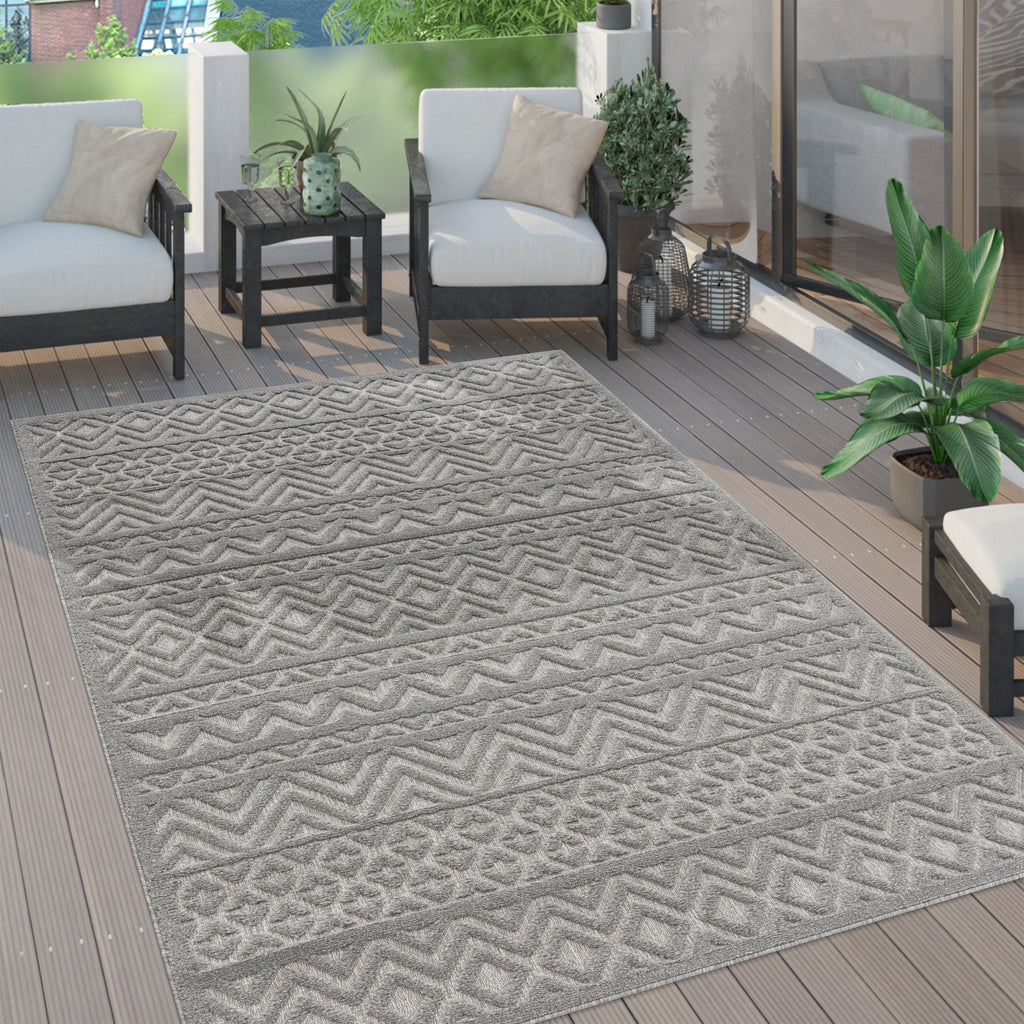 Outdoor Rug Livorno Boho High-Low Pattern In Grey