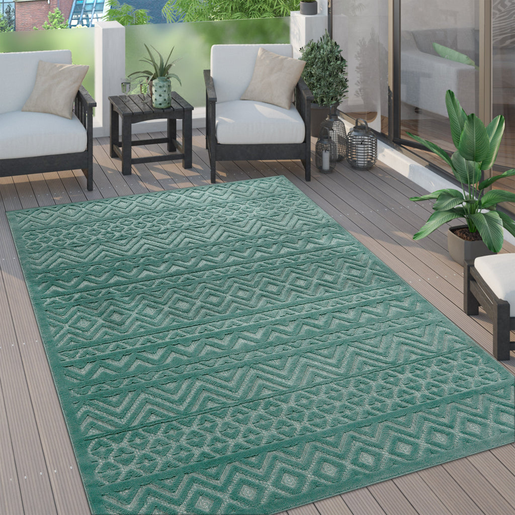 Outdoor Rug Livorno Boho High-Low Pattern In Turquoise