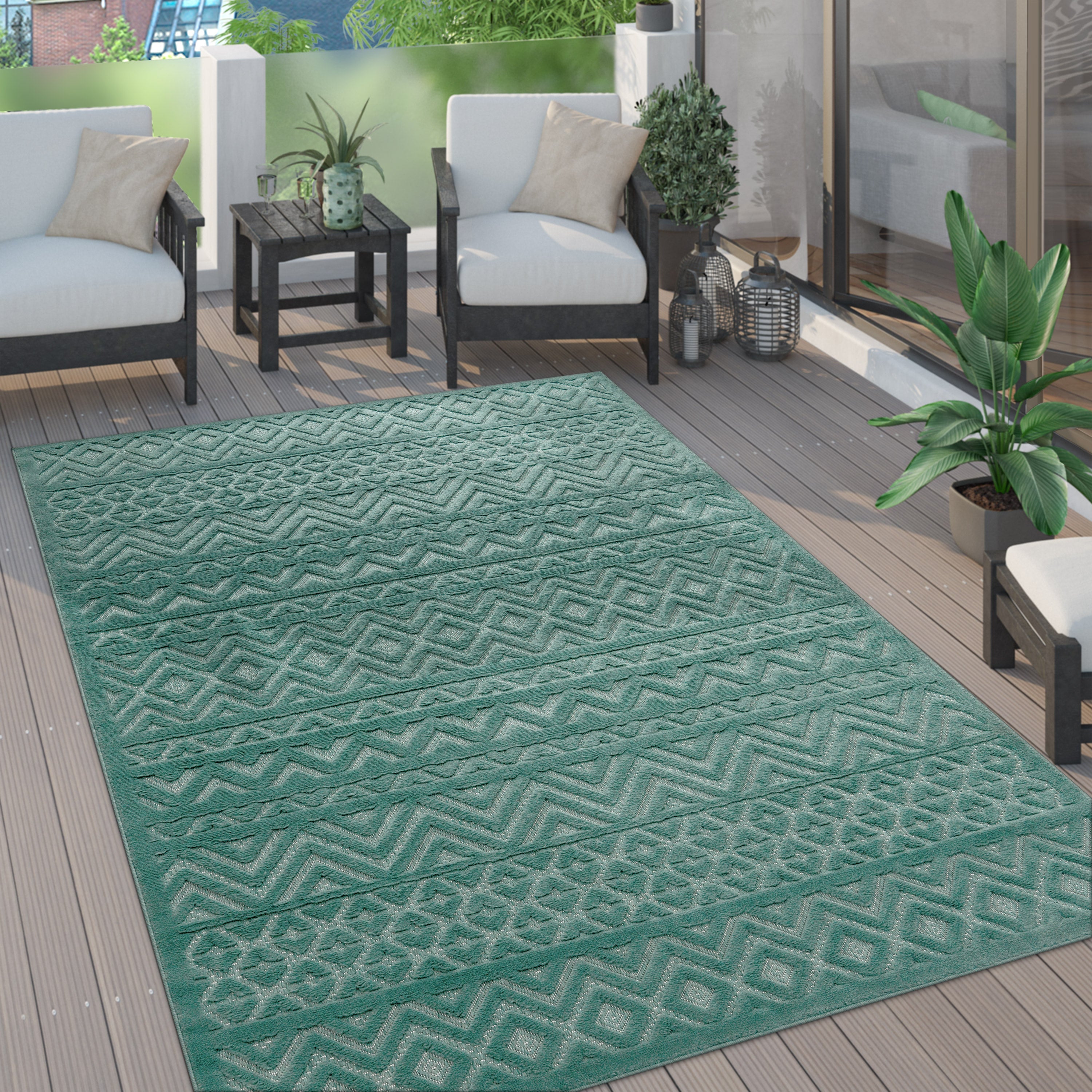 Outdoor Rug Livorno Boho High-Low Pattern In Turquoise