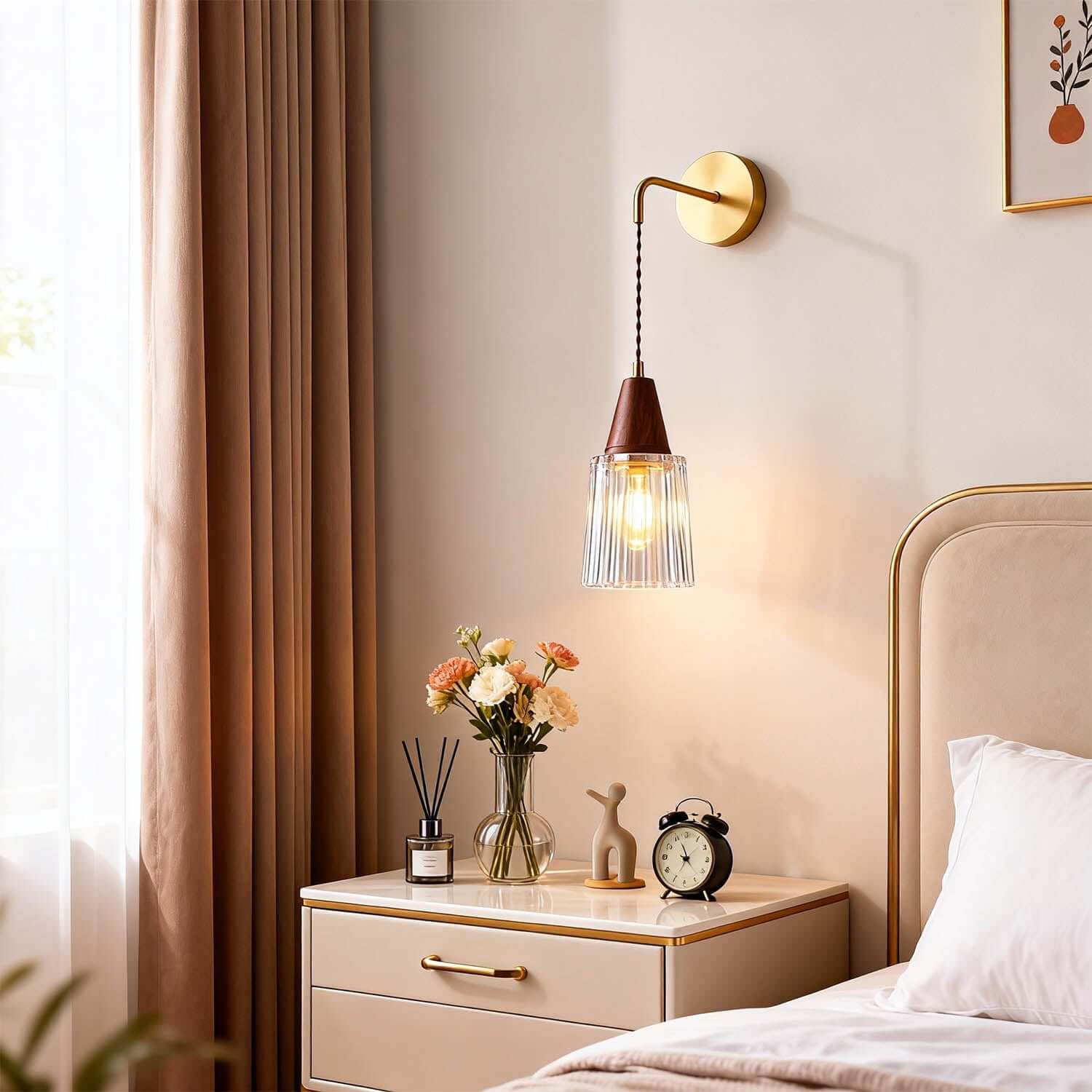 Parve Brass & Glass Wall Light | Wabi-Sabi Bedside Corner Sconce