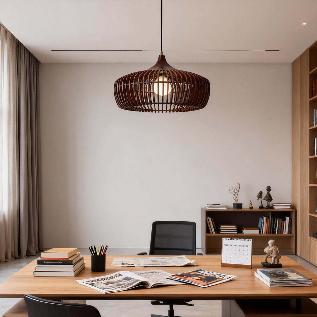 Pirevo Boho Wood Pendant Light | Wide Bowl Hanging Lamp