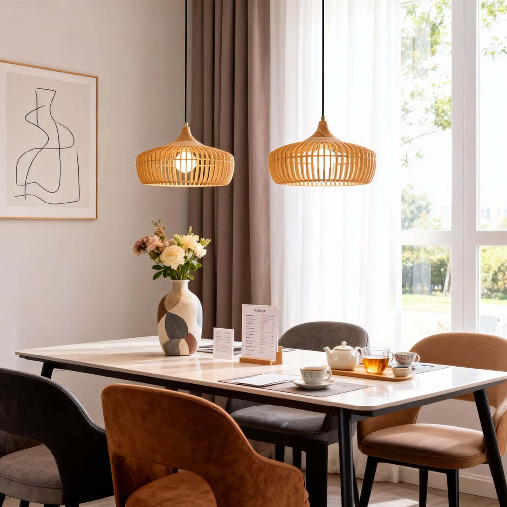 Pirevo Boho Wood Pendant Light | Wide Bowl Hanging Lamp
